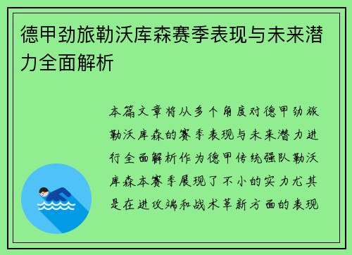 德甲劲旅勒沃库森赛季表现与未来潜力全面解析